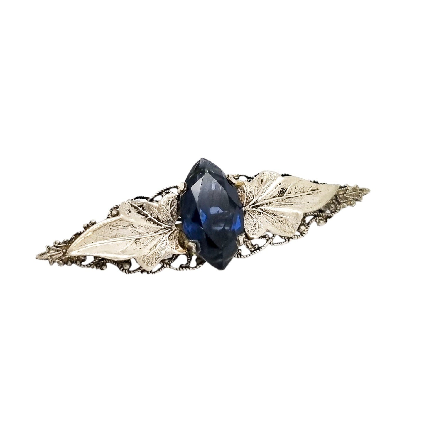 Edwardian Scottish silver blue rhinestone filigree leaf brooch