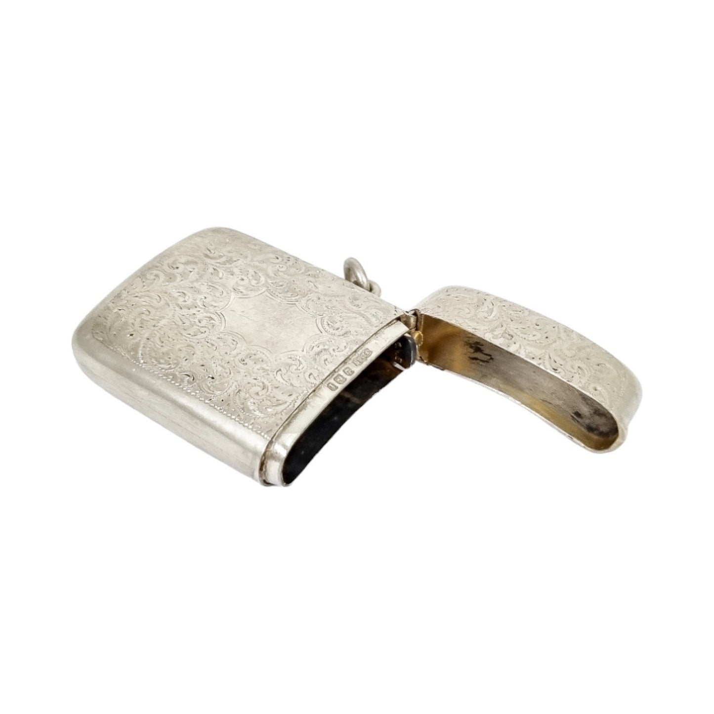 George V  large gilt sterling silver vesta case with vacant cartouche and engraved scrolls