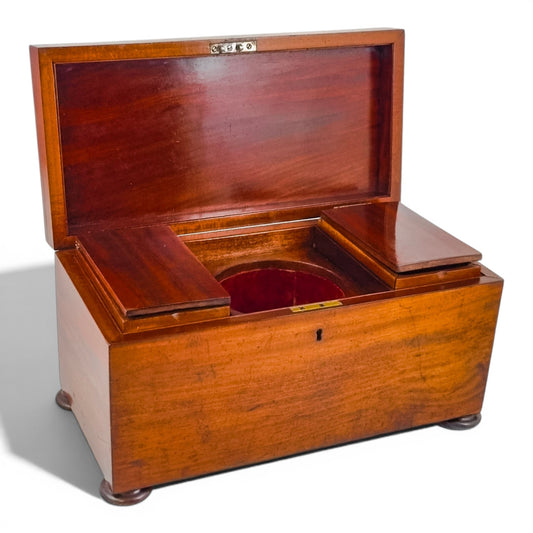 Regency mahogany twin tea caddy, original canisters