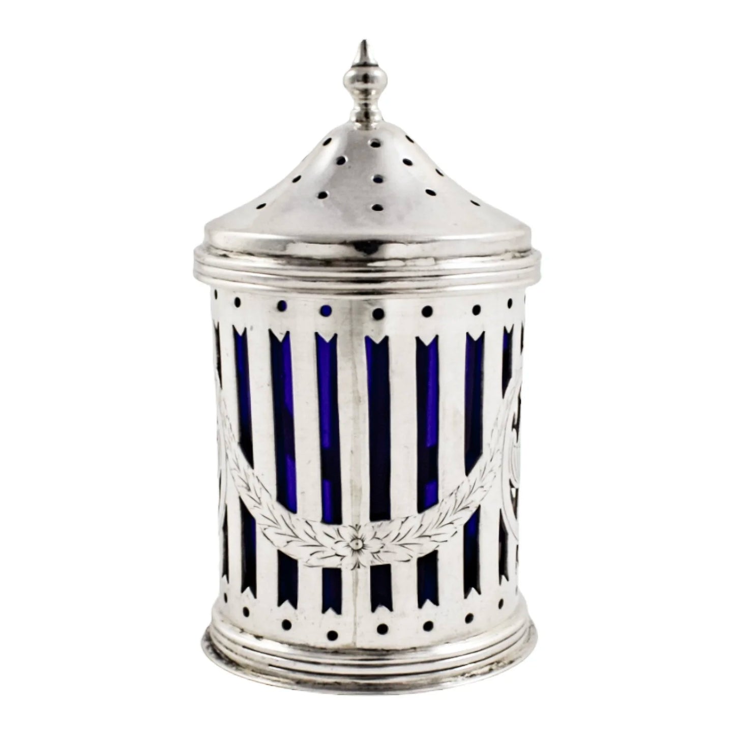 Neoclassical urn sterling silver Bristol glass pepper shaker / sugar caster/ muffineer