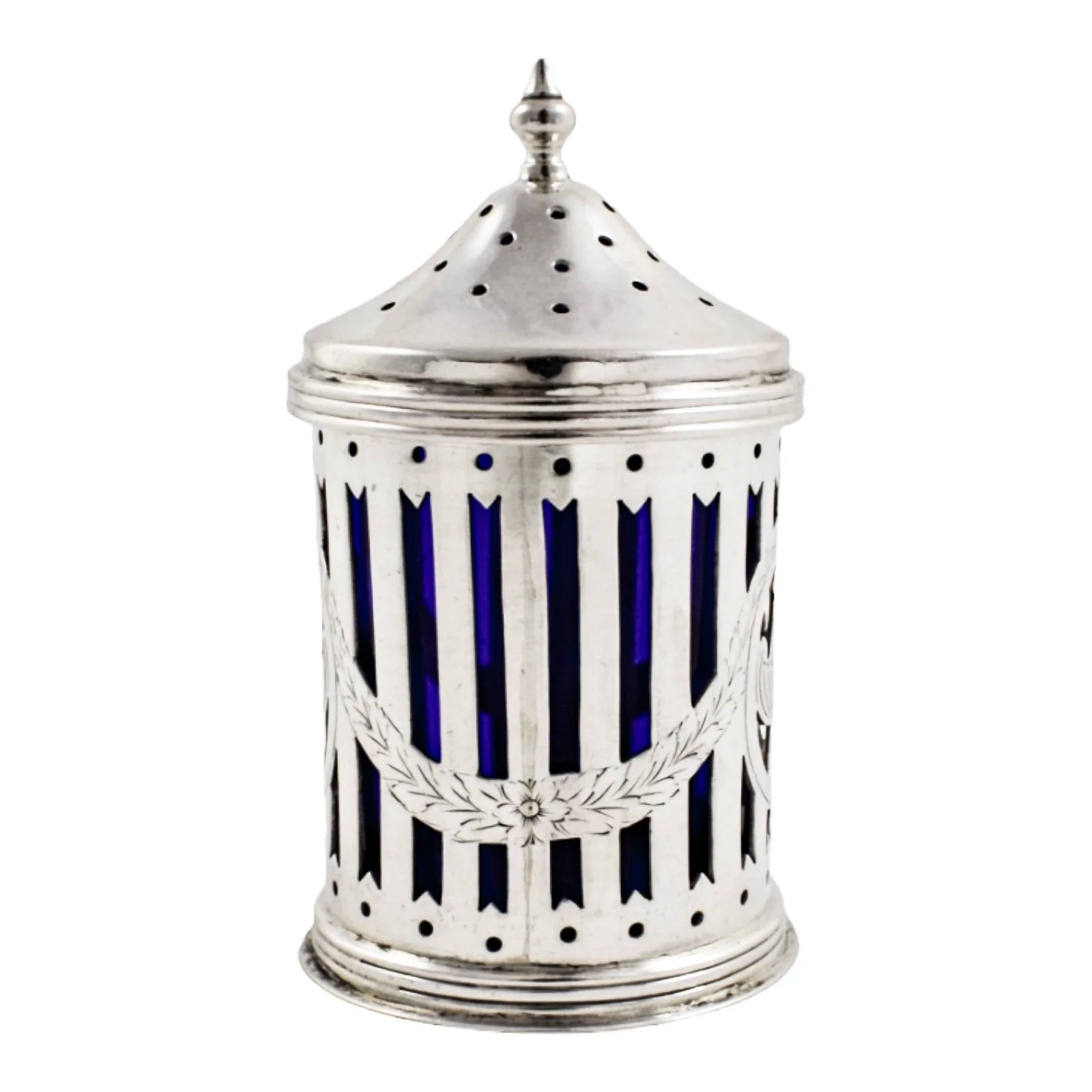 Neoclassical urn sterling silver Bristol glass pepper shaker / sugar caster/ muffineer