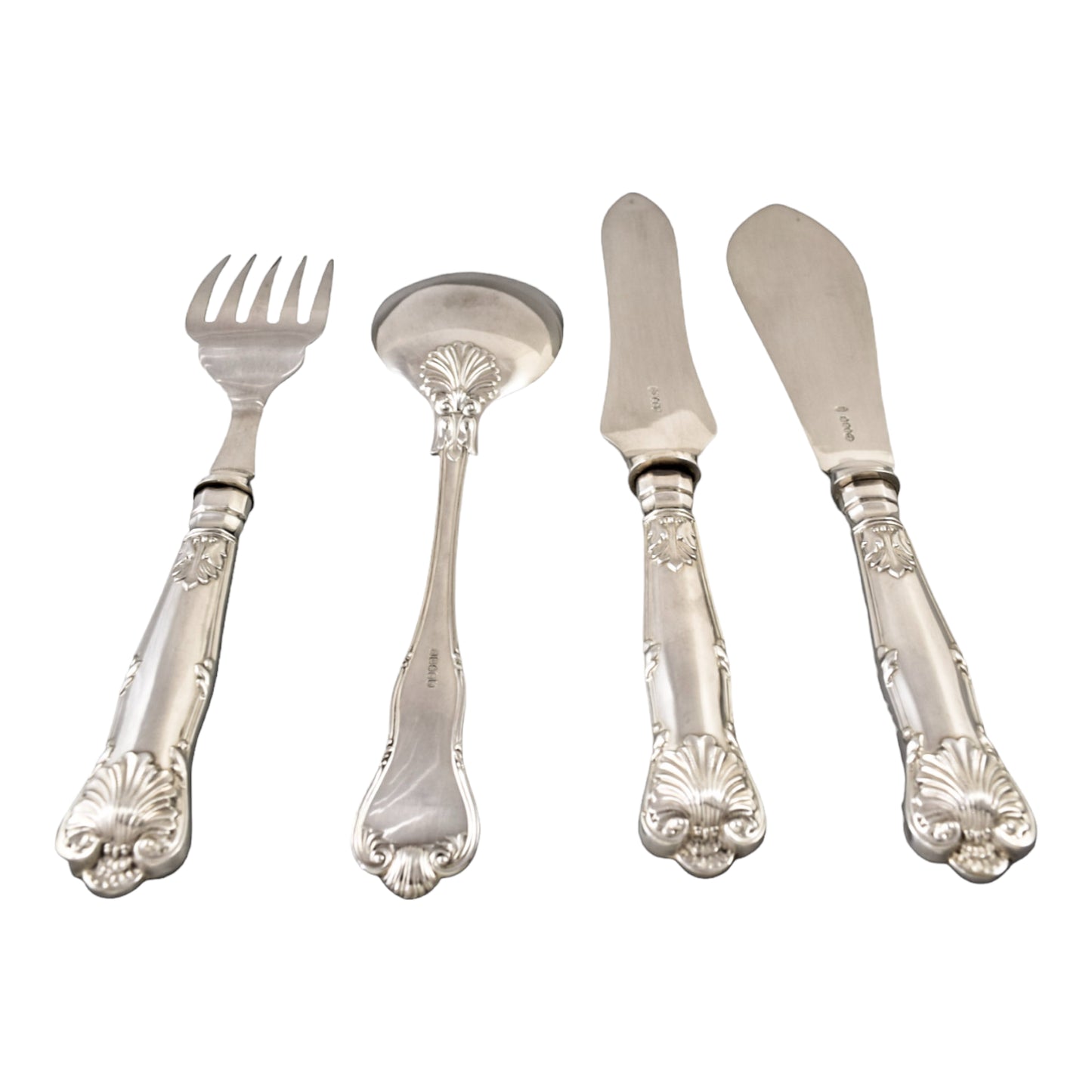Victorian Queens silver plate 16 piece 6 person fish cutlery set, 4 servers in oak canteen