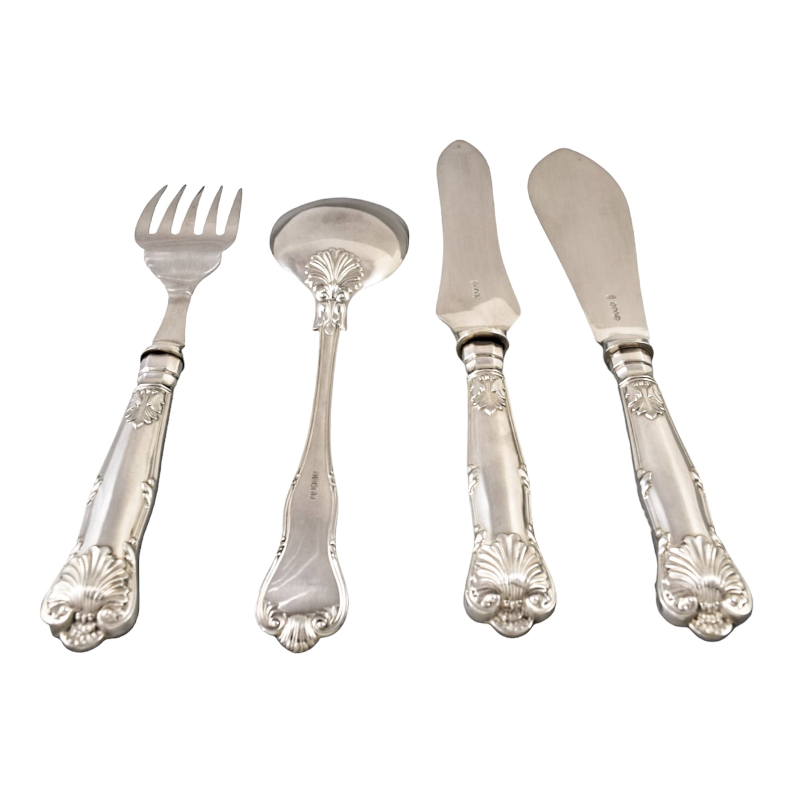 Victorian Queens silver plate 16 piece 6 person fish cutlery set, 4 servers in oak canteen
