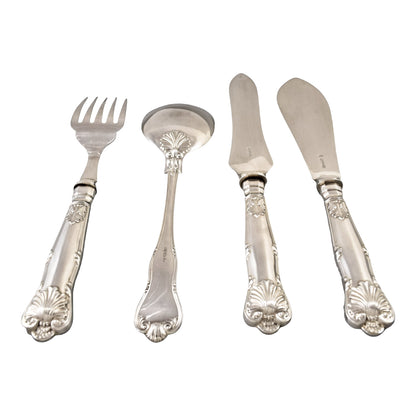Victorian Queens silver plate 16 piece 6 person fish cutlery set, 4 servers in oak canteen