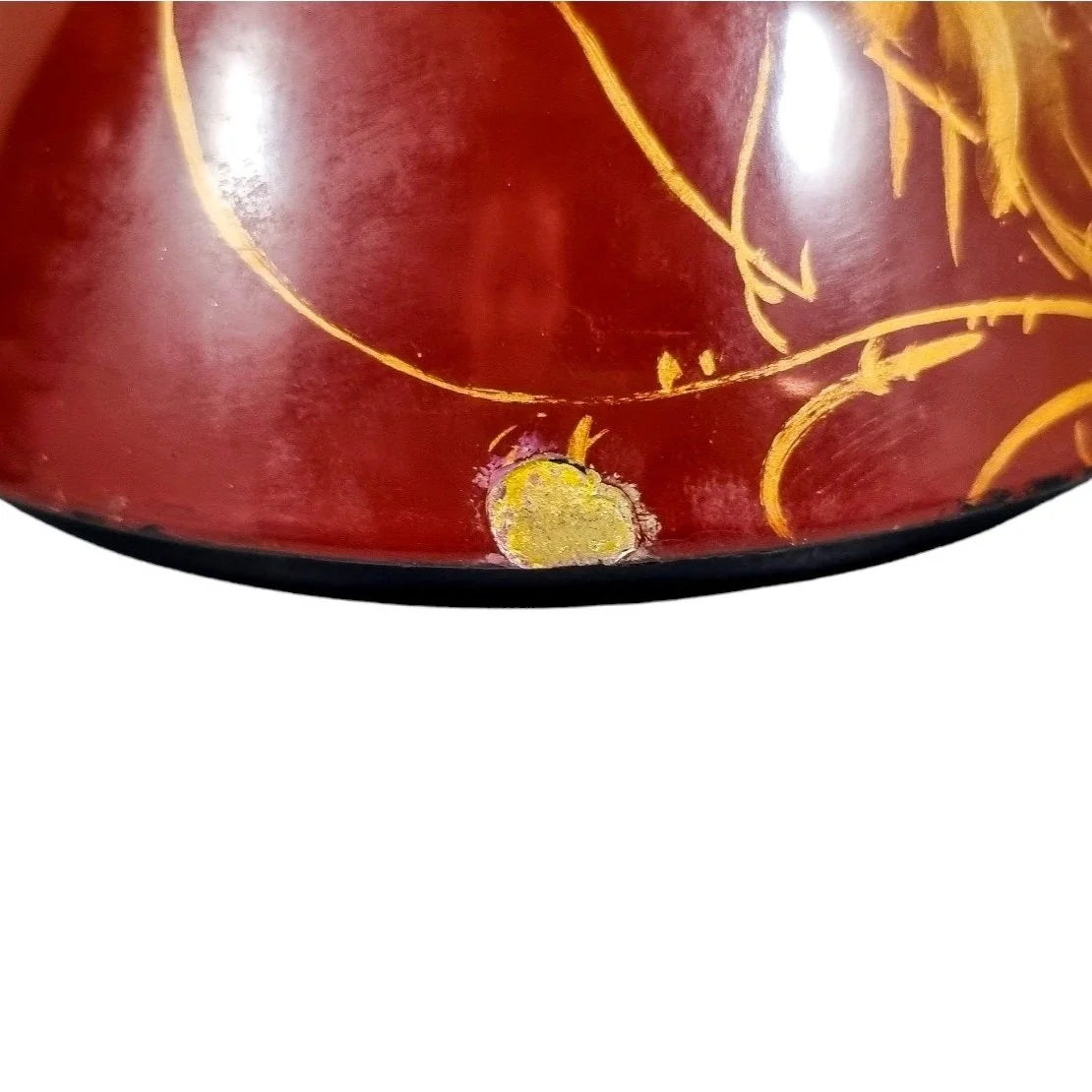 Egg-shaped large red lacquerware box on stand, gilded and painted with angelfish