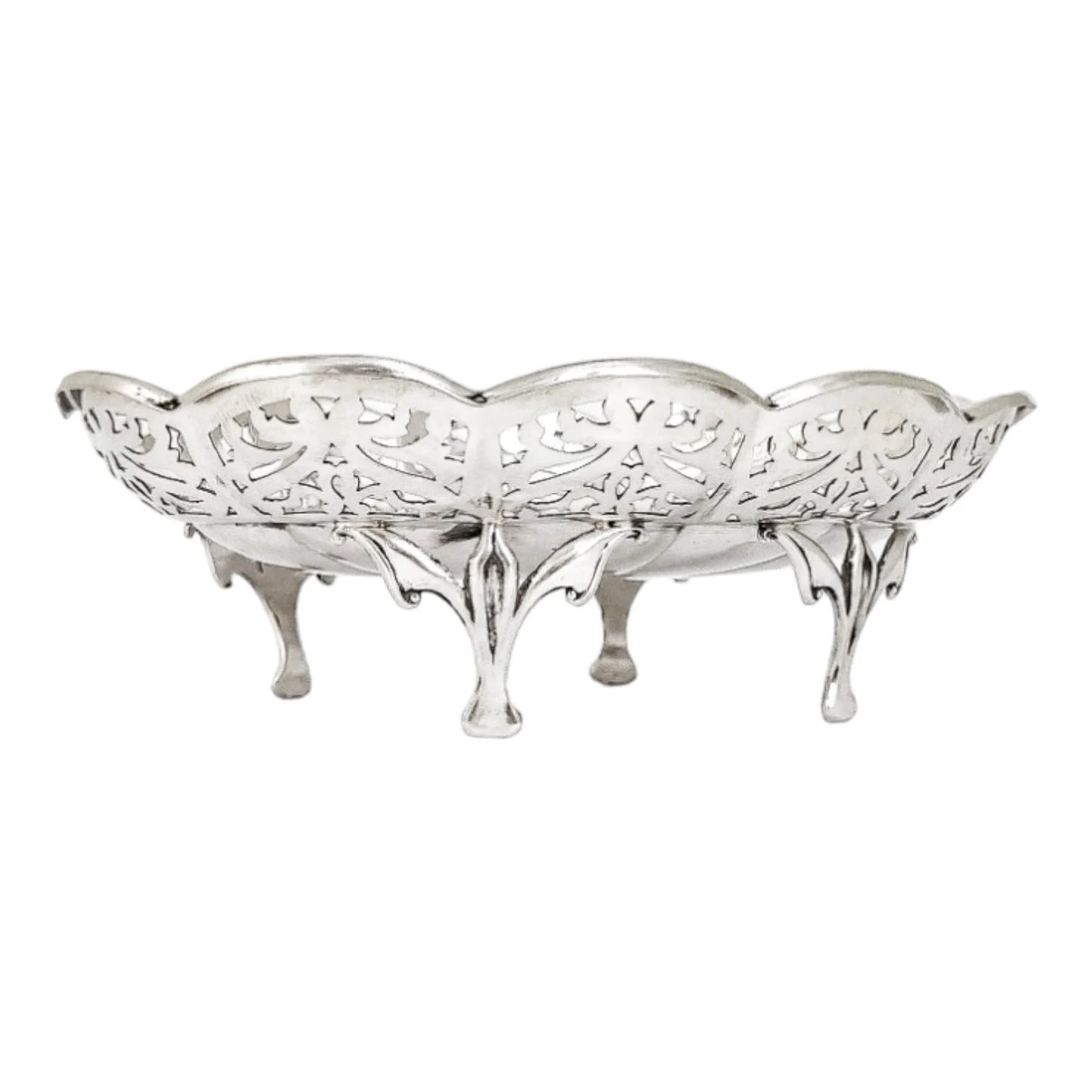 Art Nouveau sterling silver oval bonbon basket snack bowl on cast feet, pierced with scrolls