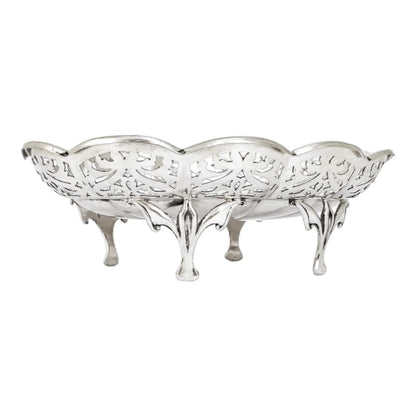 Art Nouveau sterling silver oval bonbon basket snack bowl on cast feet, pierced with scrolls