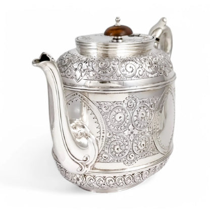 Antique Victorian silver plated three-piece tea set, Rococo Revival and Aestheticism, c. 1880s
