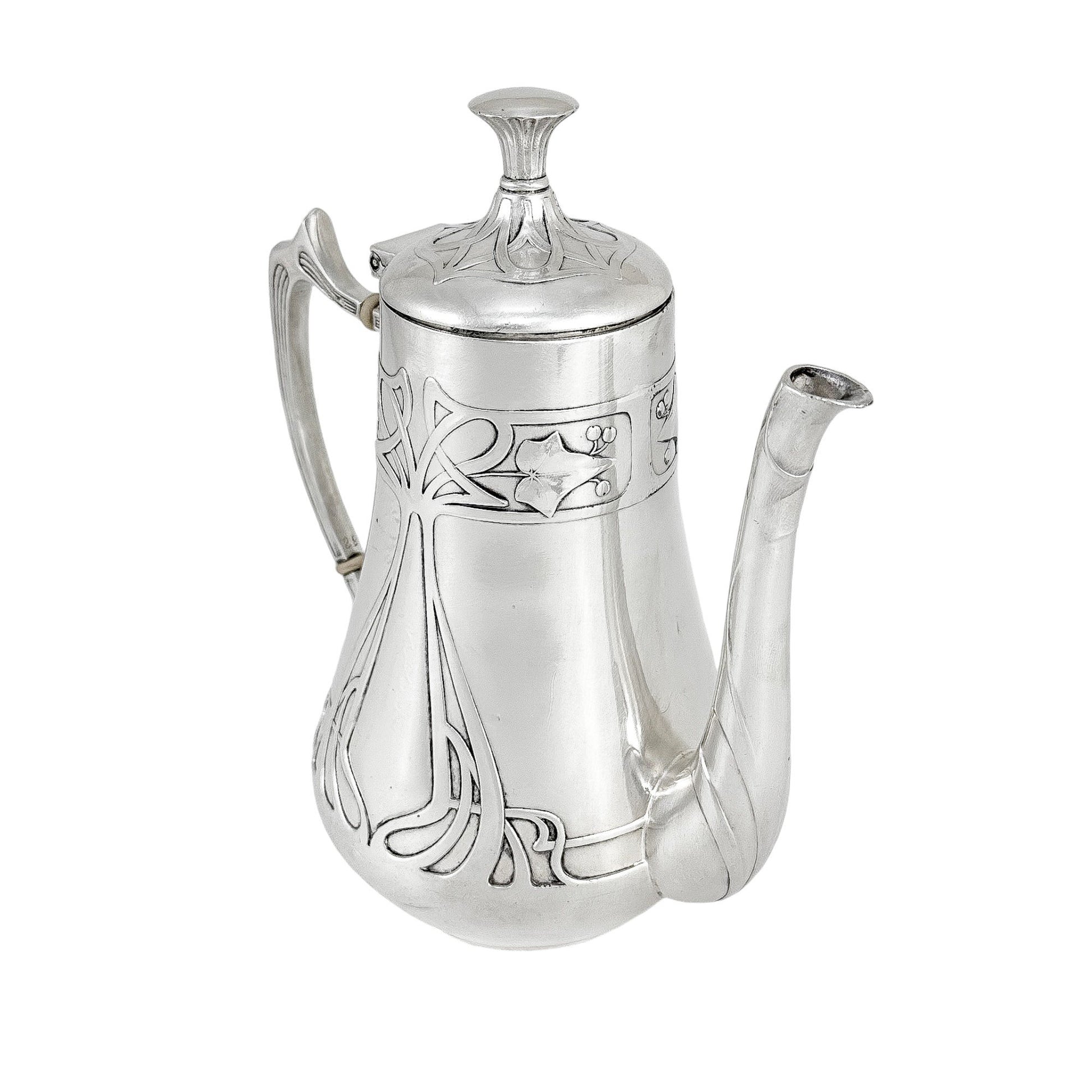 Silver plated WMF Art Nouveau Jugendstil five-piece tea and coffee set on tray