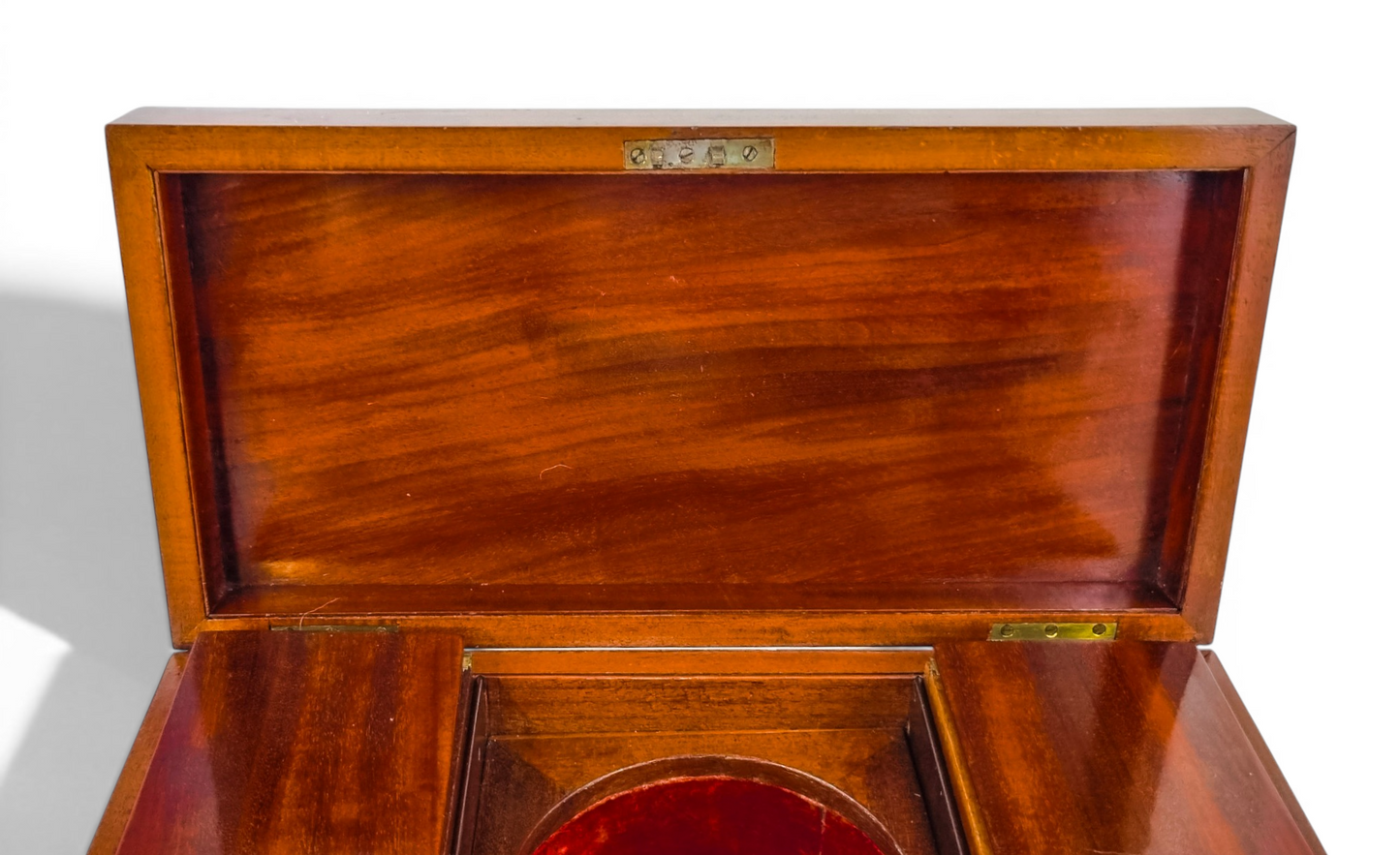 Regency mahogany twin tea caddy, original canisters