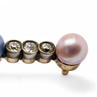 Belle Époque style 14 kt gold brooch set with Old European cut diamonds and pearls