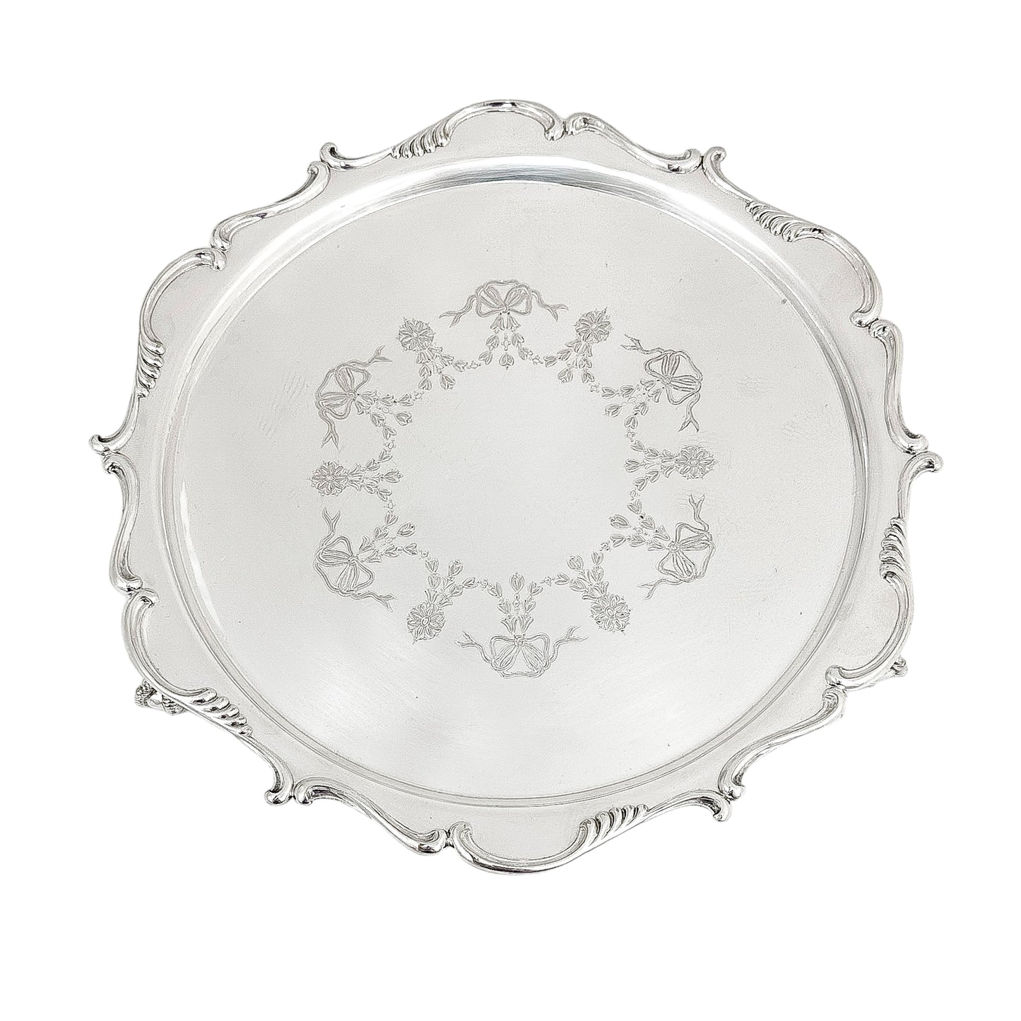 Silver plated Victorian salver in Neoclassical style with Chippendale border