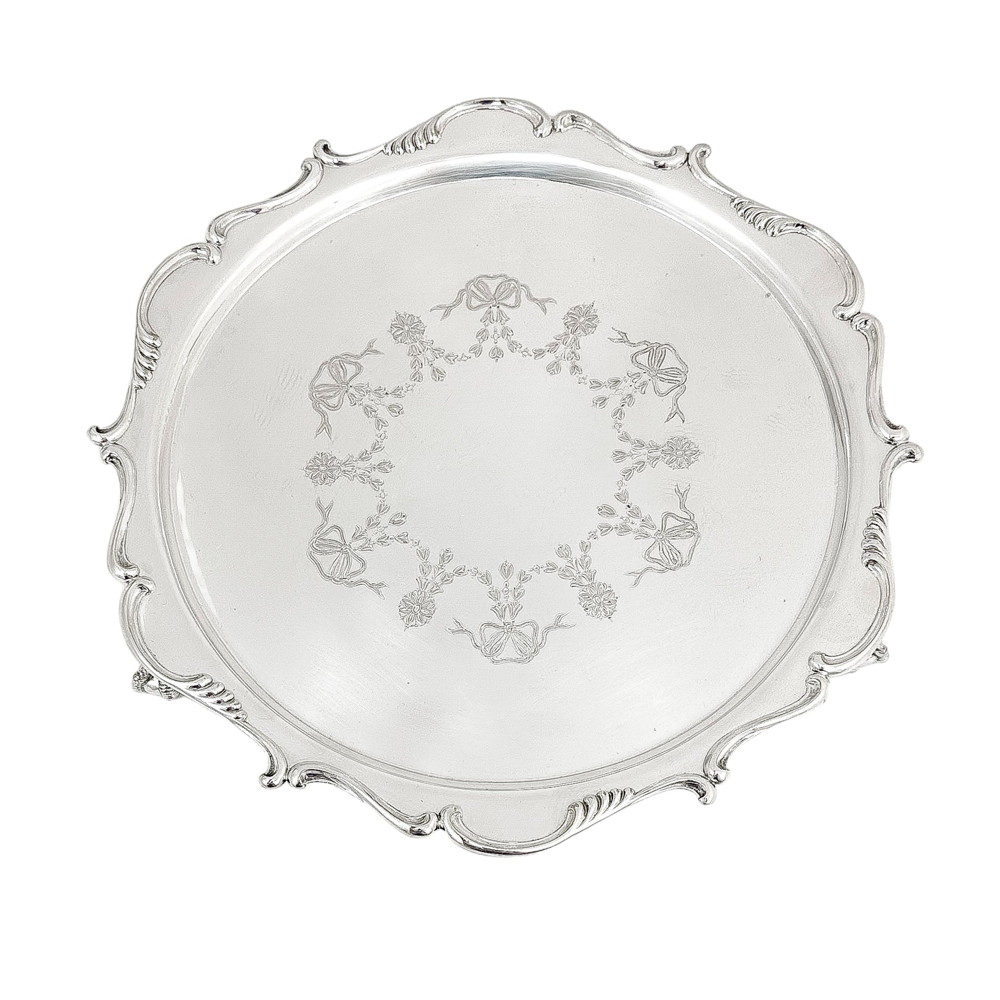 Silver plated Victorian salver in Neoclassical style with Chippendale border