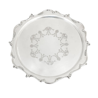 Silver plated Victorian salver in Neoclassical style with Chippendale border
