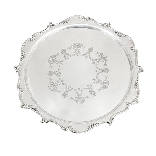 Silver plated Victorian salver in Neoclassical style with Chippendale border