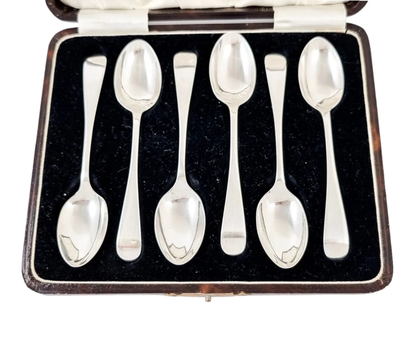 Boxed Art Deco sterling silver set 6 coffee demitasse spoons, Old English pattern