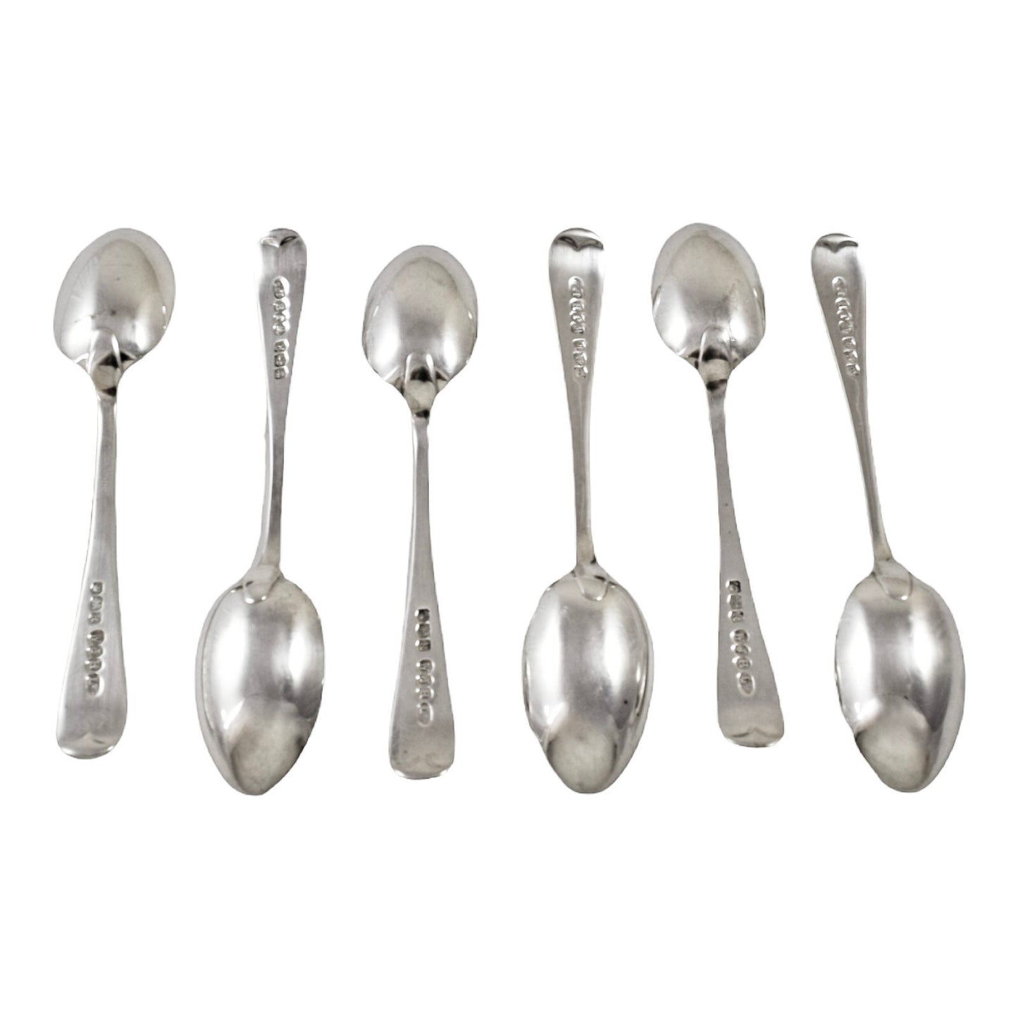Boxed Art Deco sterling silver set 6 coffee demitasse spoons, Old English pattern