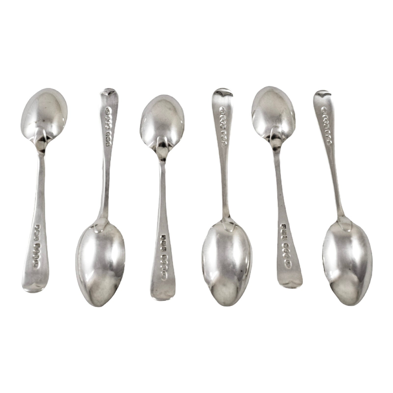 Boxed Art Deco sterling silver set 6 coffee demitasse spoons, Old English pattern