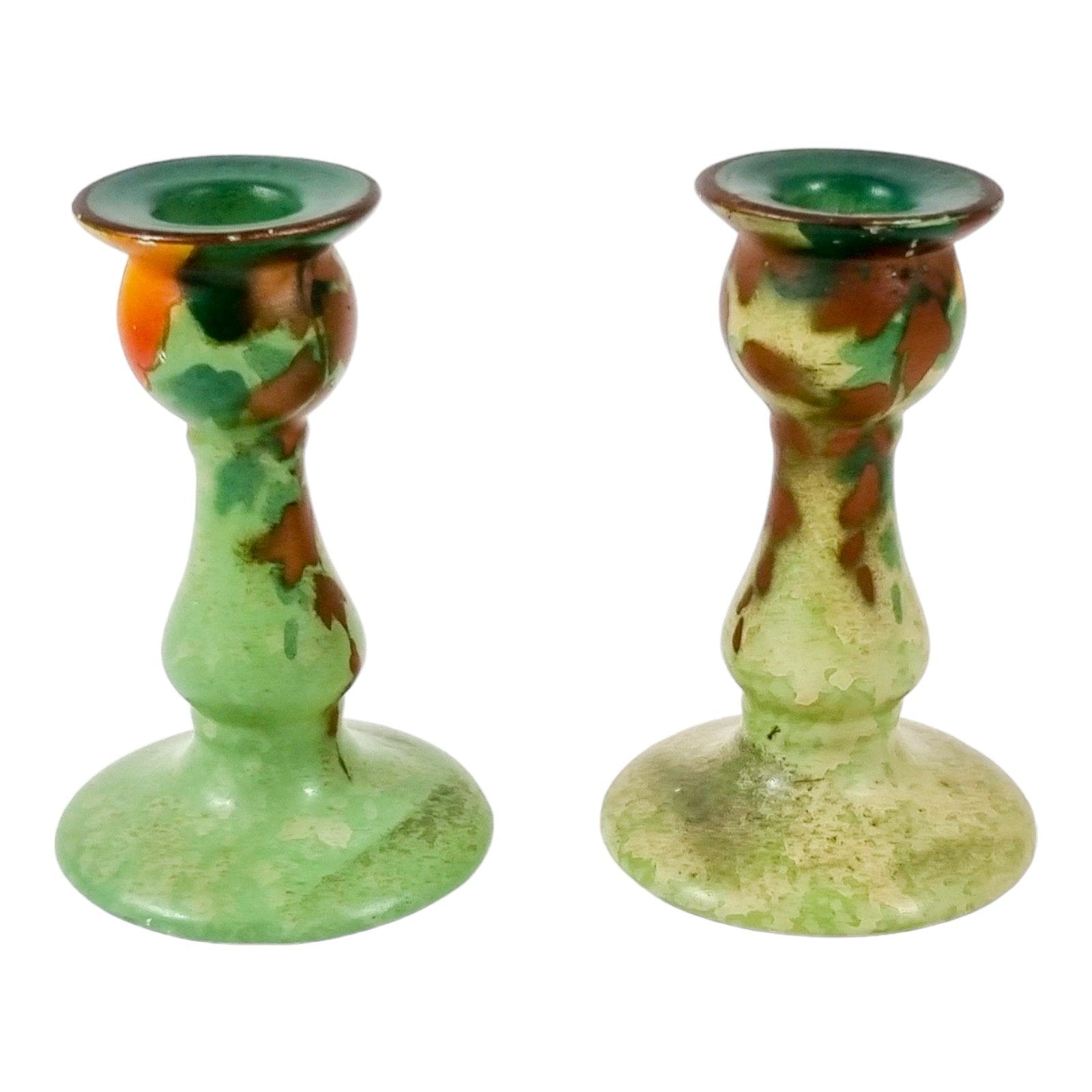 Studio Pottery green chamberstick and 2 matching candlesticks decorated with autumn oak leaves