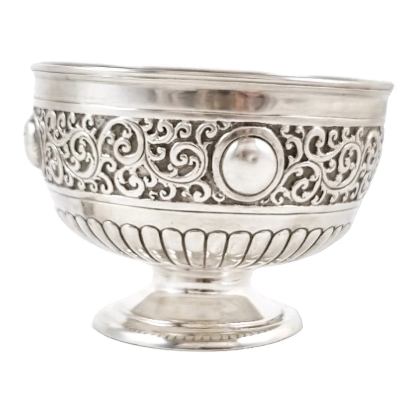 Victorian large sterling silver sugar /candy bowl embossed with scrolls, Walker & Hall