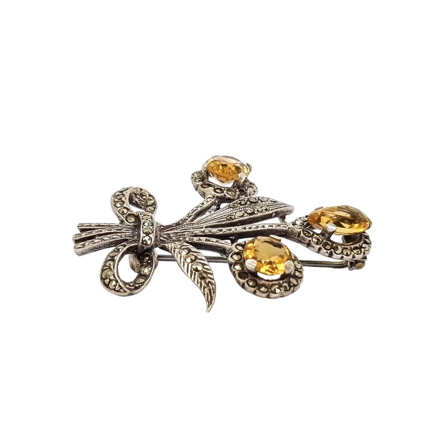 Art Deco sterling silver citrine floral spray brooch with marcasites
