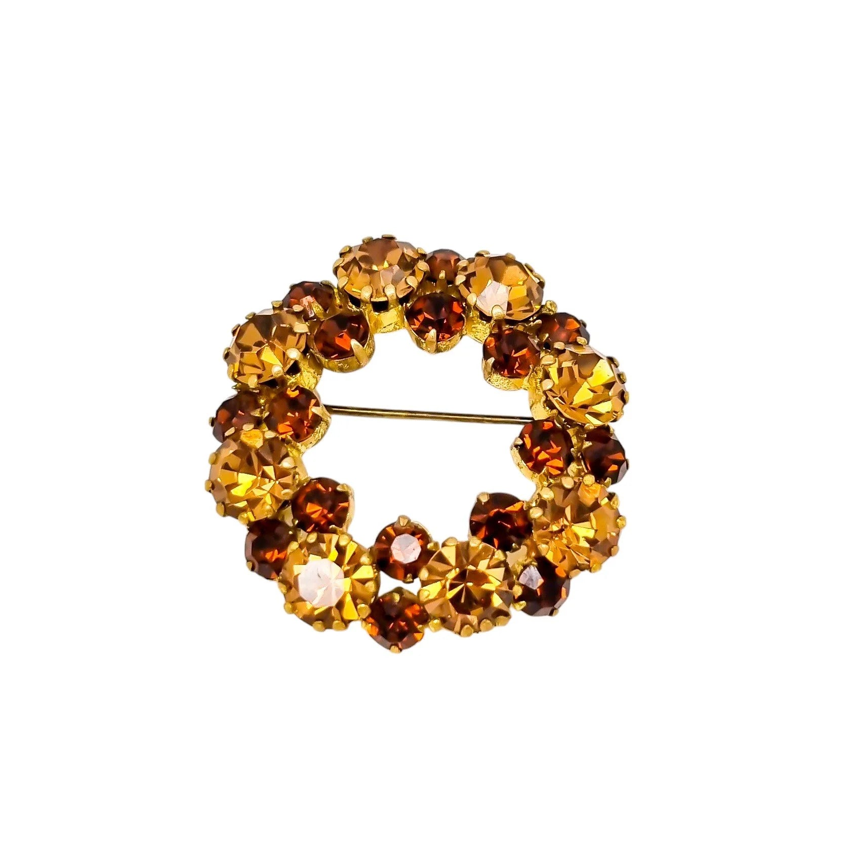 1890's Czechoslovakia art glass citrine garnet gold-plated wreath brooch