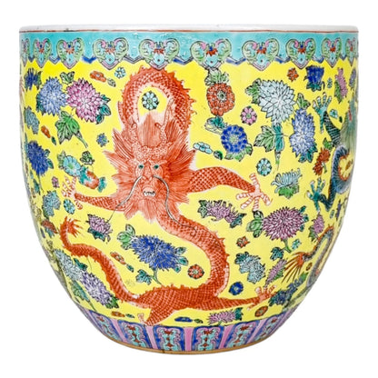 Large Chinese famille jaune porcelain jardinière with dragons and chrysanthemum flowers
