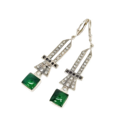 Art Deco sterling silver jade openwork dangle drop earrings