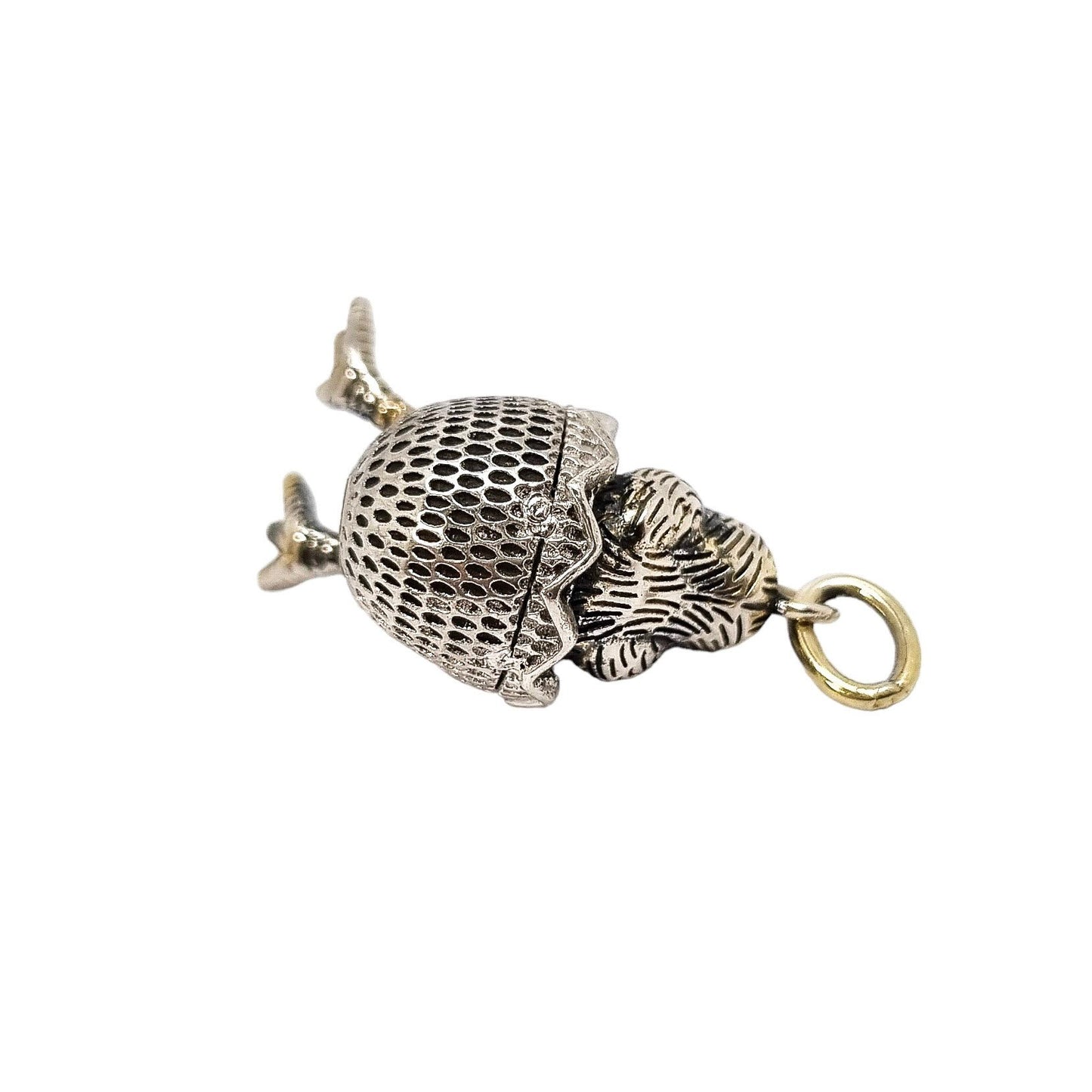 Russian 84 silver gilt egg chick hatching pendant with ruby eyes