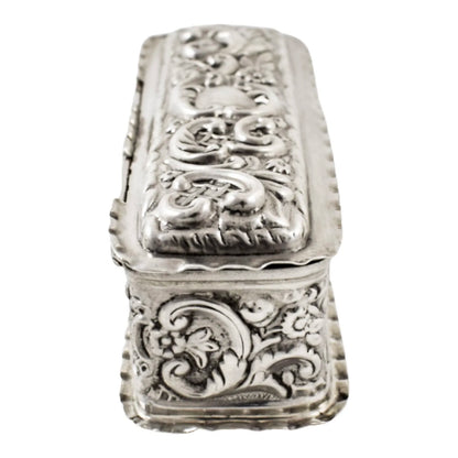 Victorian sterling silver dressing table snuff box embossed with Art Nouveau scrolls