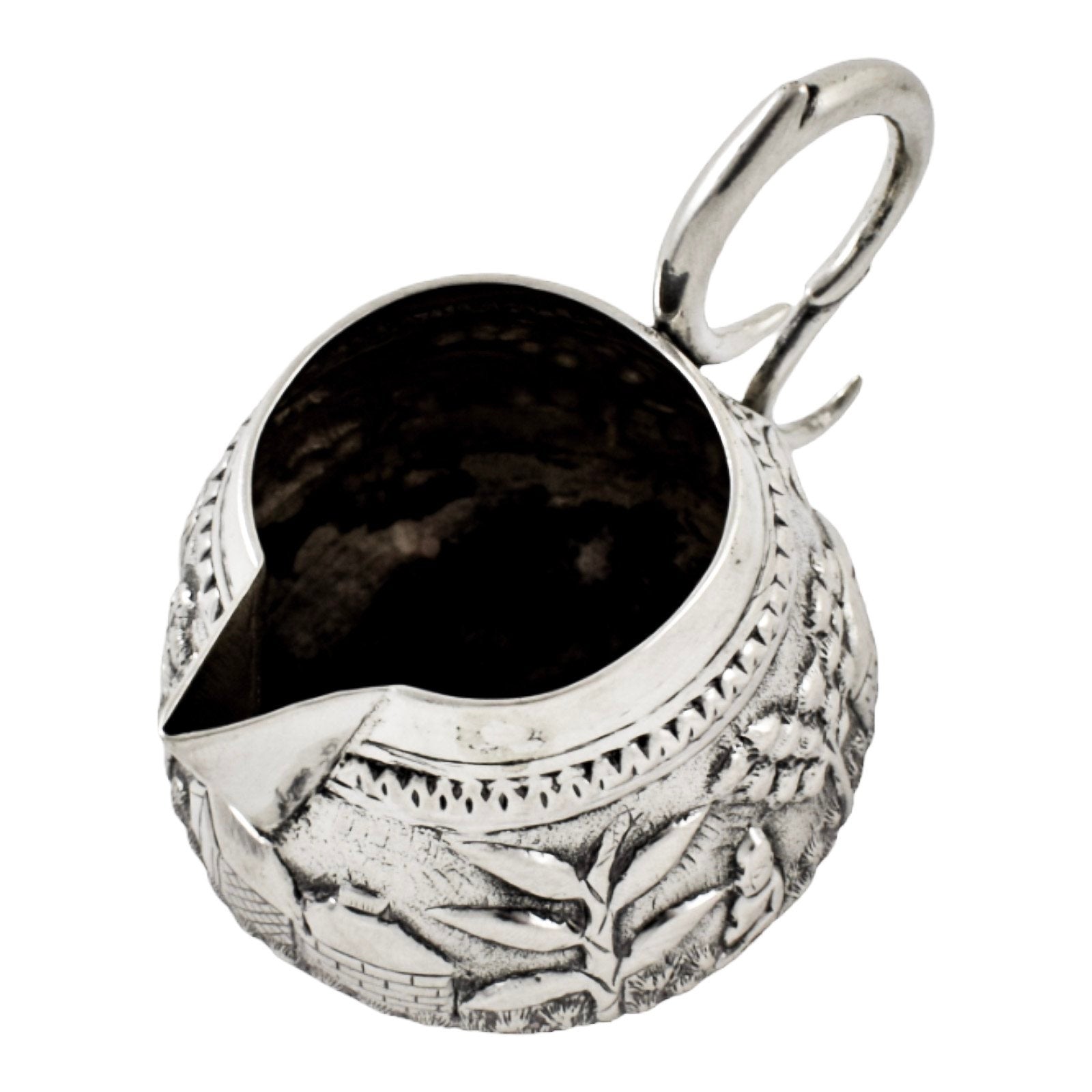 Colonial Raj Calcutta silver milk jug / creamer embossed with village scenes