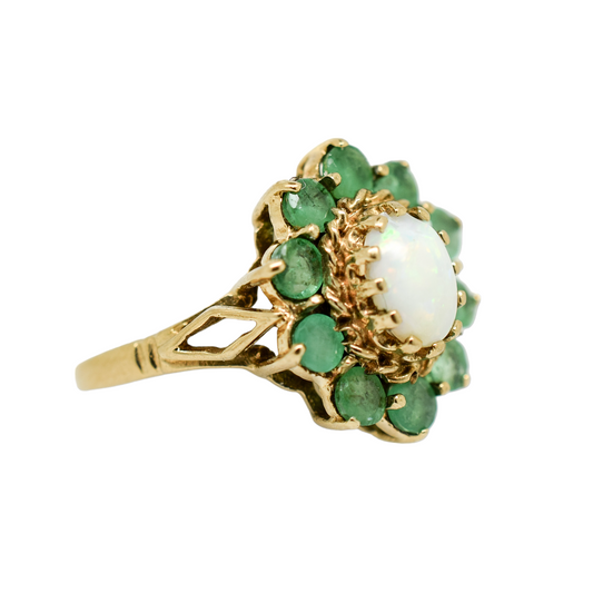 Vintage opal and emerald 9ct yellow gold cluster floral dress ring, size L