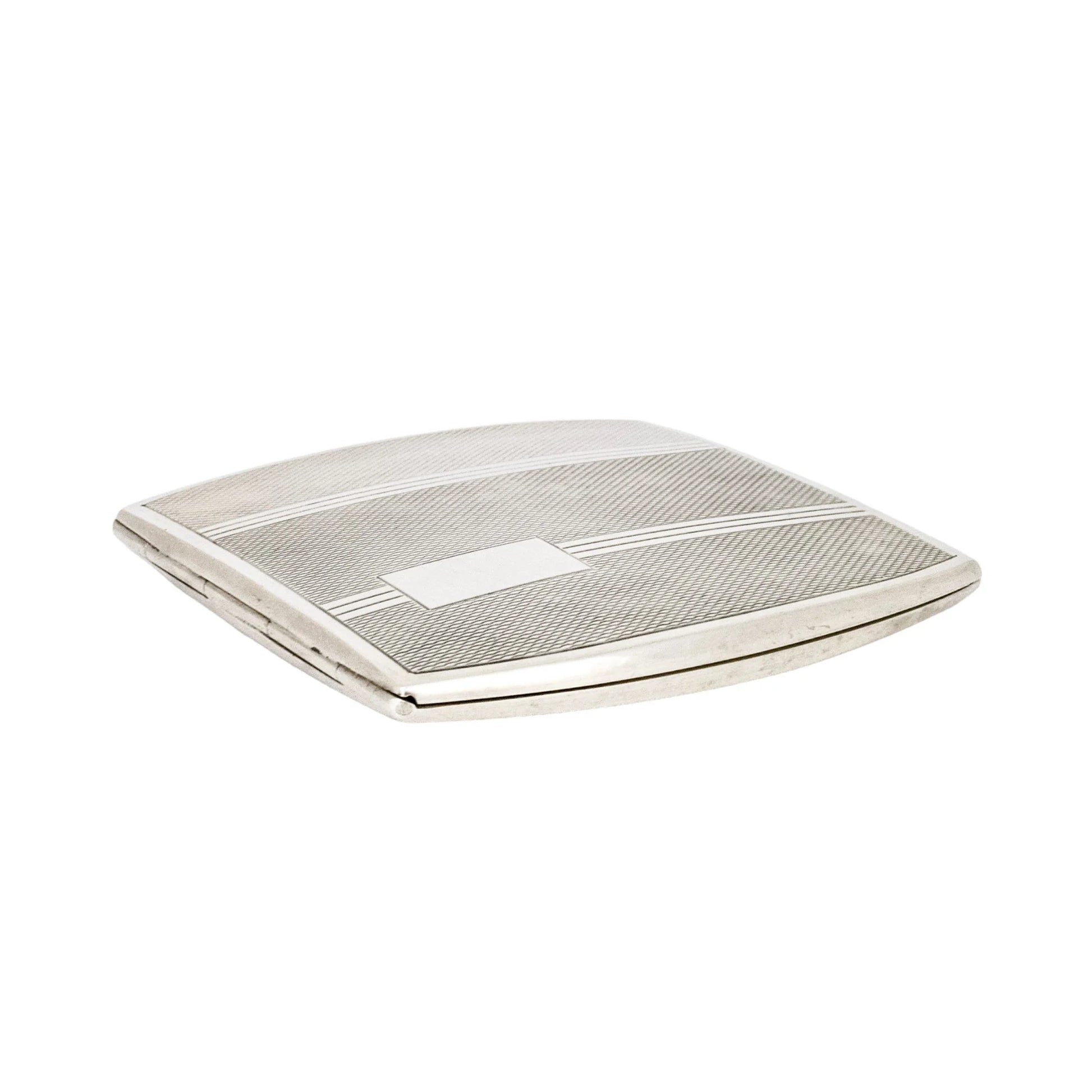 Sterling silver Art Deco engine-turned square compact powder case with mirror