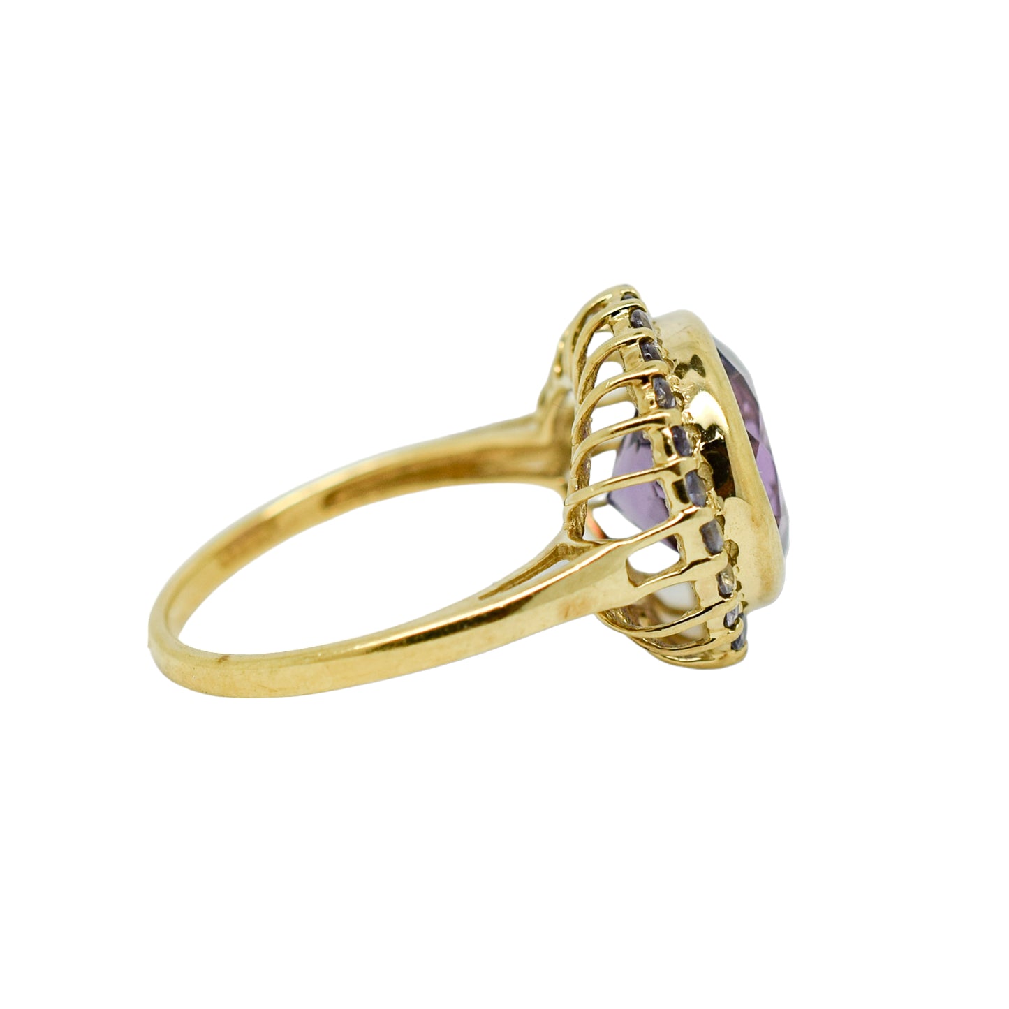 Vintage 5ct amethyst and topaz round-cut statement ring in 9ct yellow gold, size N
