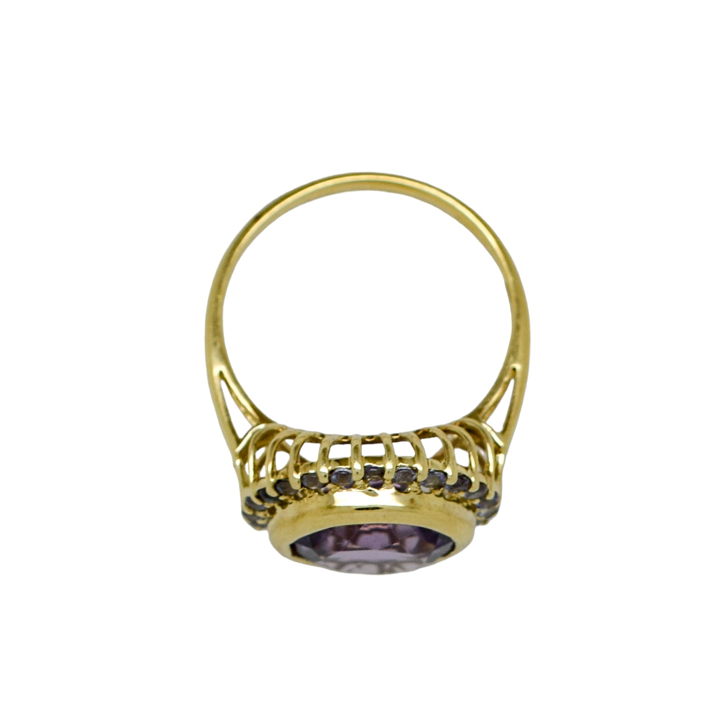 Vintage 5ct amethyst and topaz round-cut statement ring in 9ct yellow gold, size N