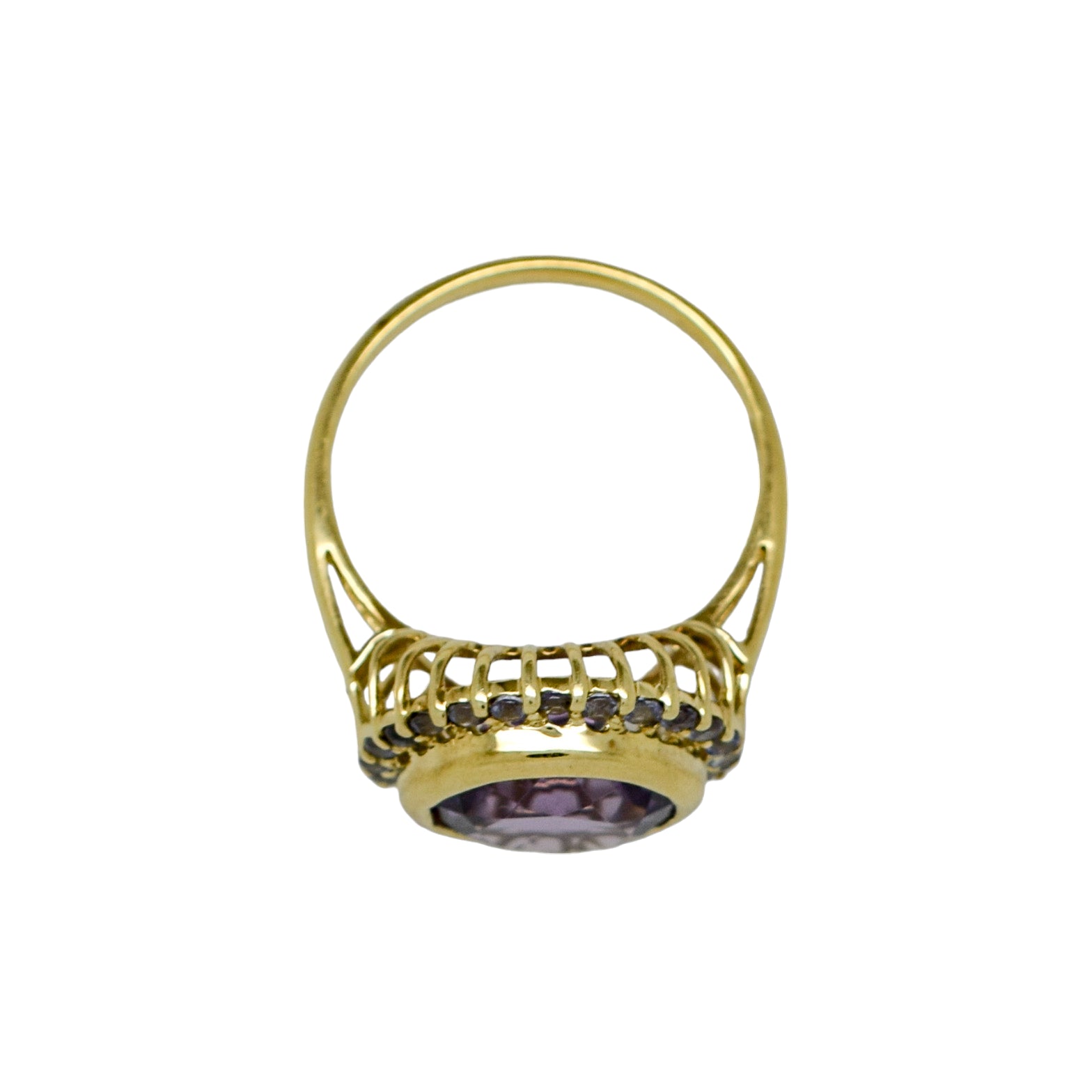 Vintage 5ct amethyst and topaz round-cut statement ring in 9ct yellow gold, size N