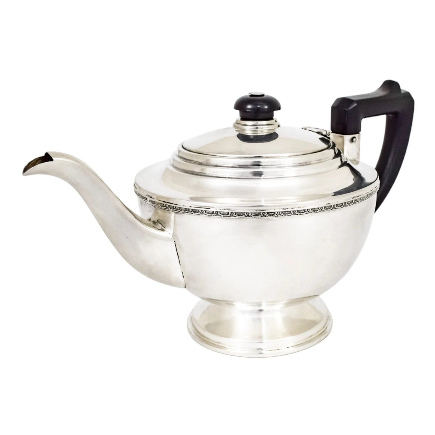 Three piece Art Deco sterling tea set with bow garlands and geometric handles