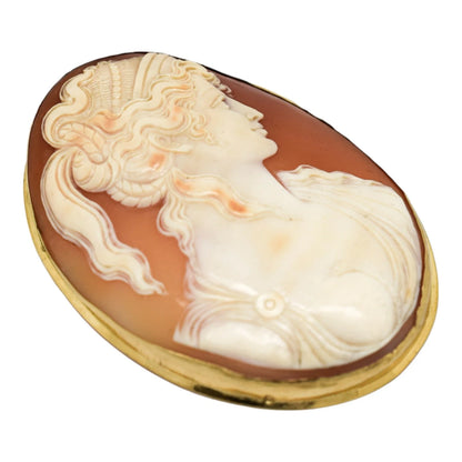 Antique 18ct gold large cameo brooch of Greek woman with snake coiling on her breast