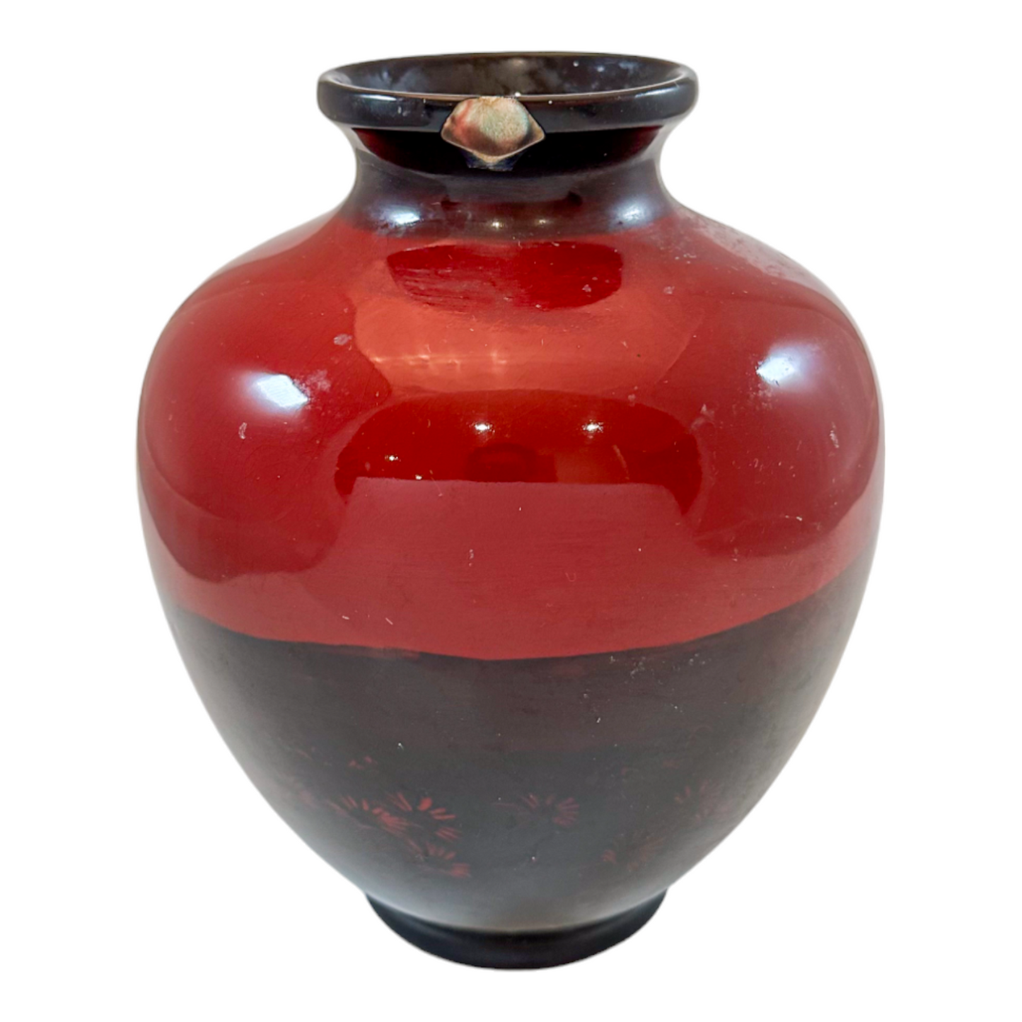 Art Deco pair red flambe porcelain urns, Charles Noke for Royal Doulton