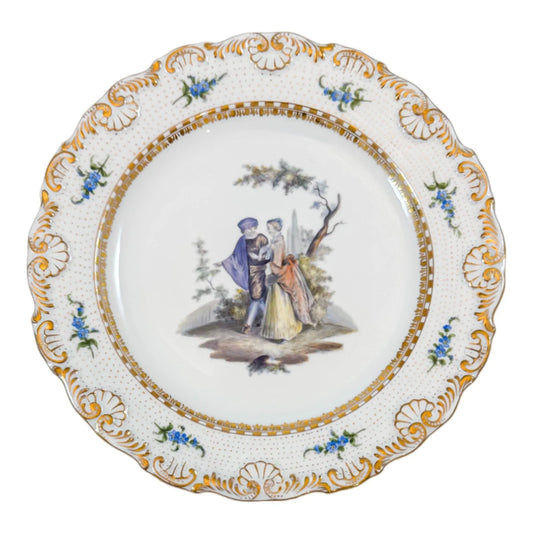 Late 19th century Meissen porcelain plate of courting couple in Medieval dress