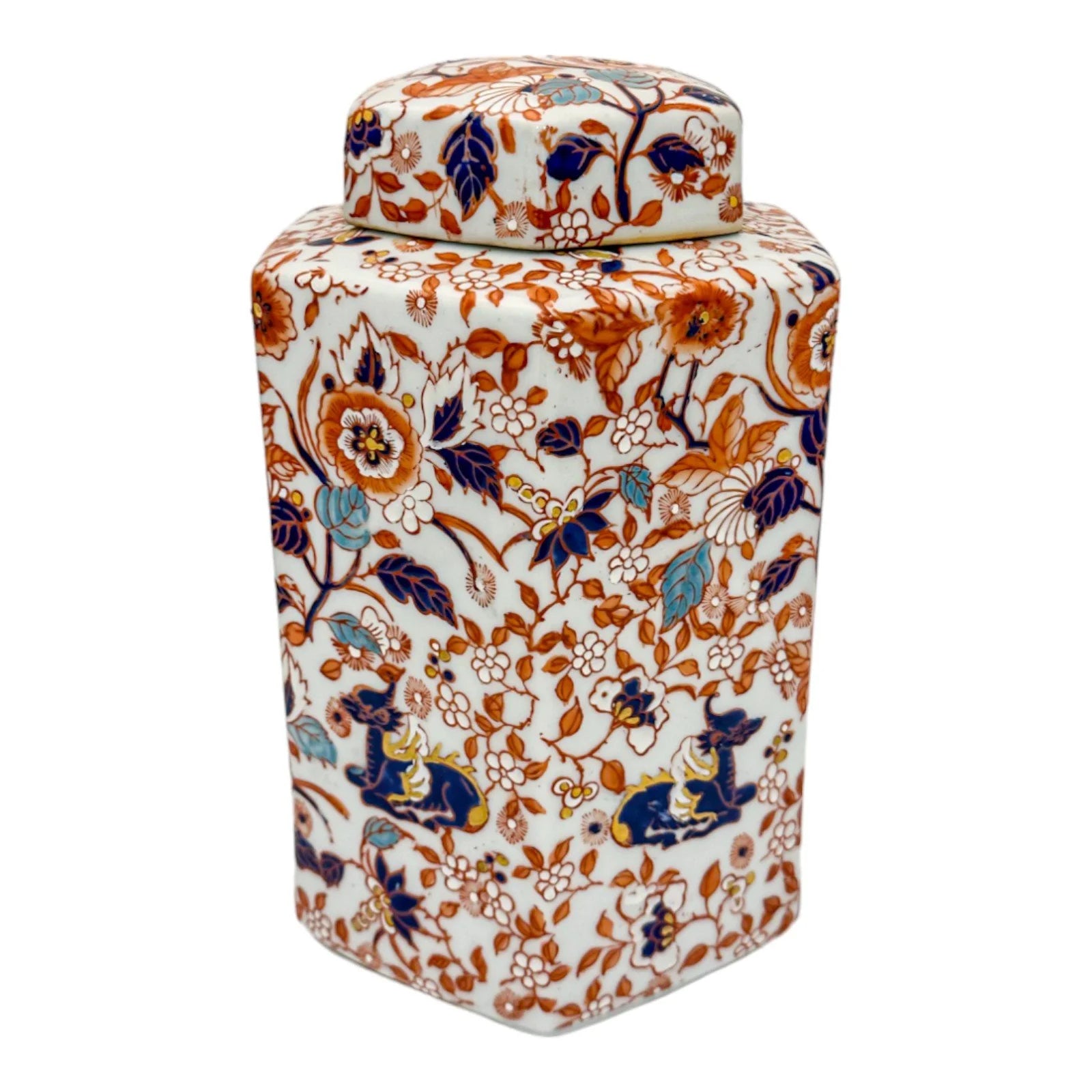 Japanese Meiji era hexagonal lidded caddy / ginger jar with blossoming flowers