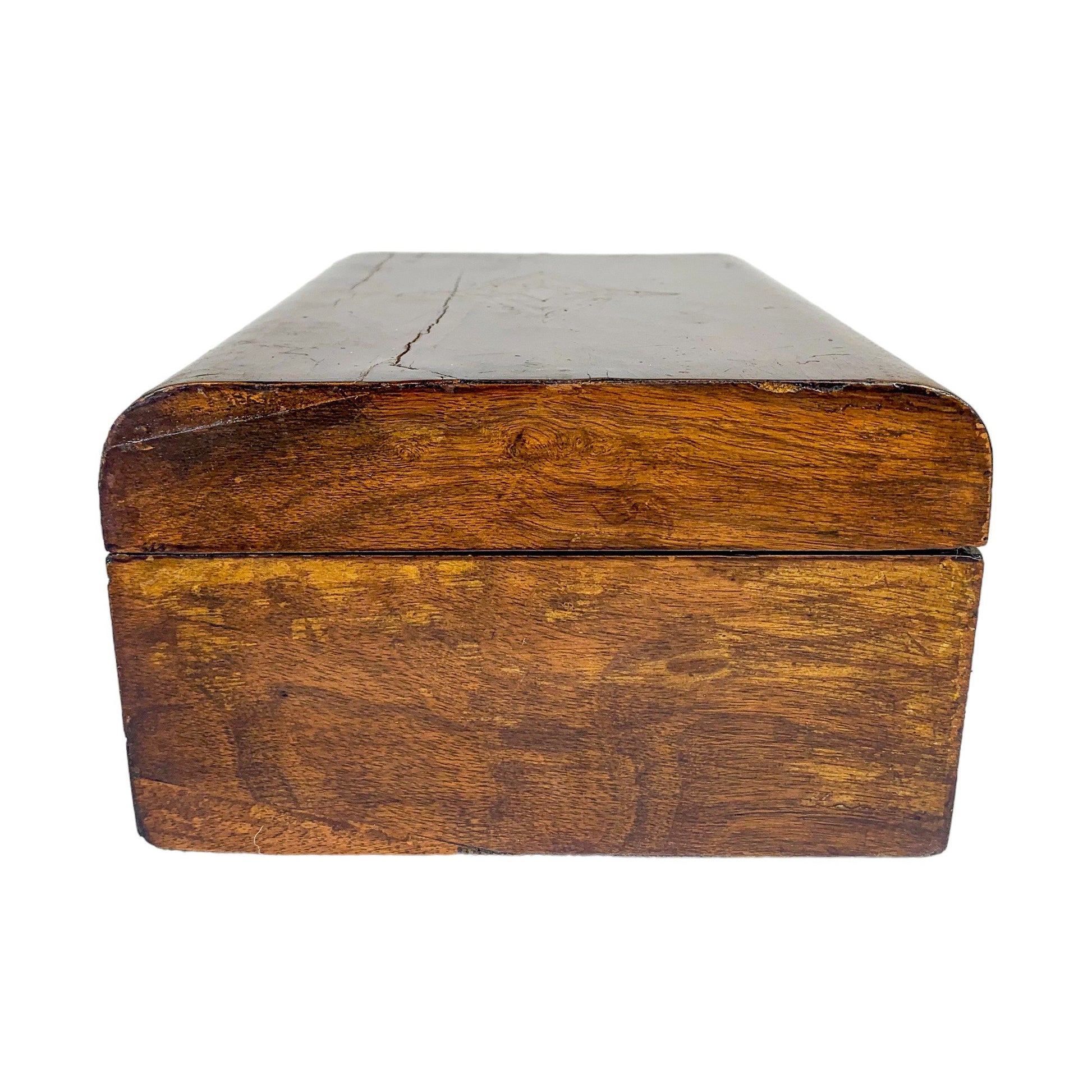 Victorian walnut workbox / jewellery storage box with working key and lift out lid