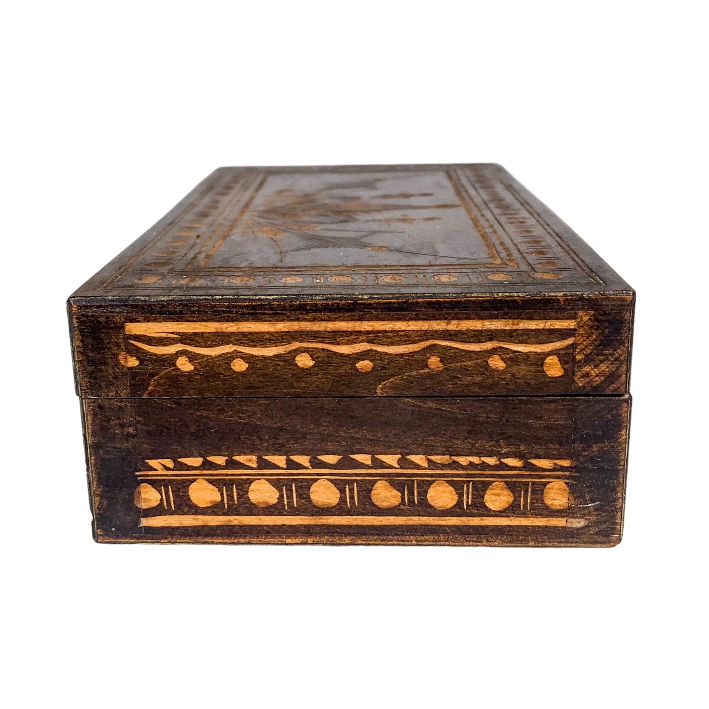 Vintage French chestnut wood trinket / card / cigarette box with hand carved floral lid