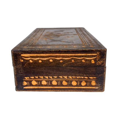 Vintage French chestnut wood trinket / card / cigarette box with hand carved floral lid