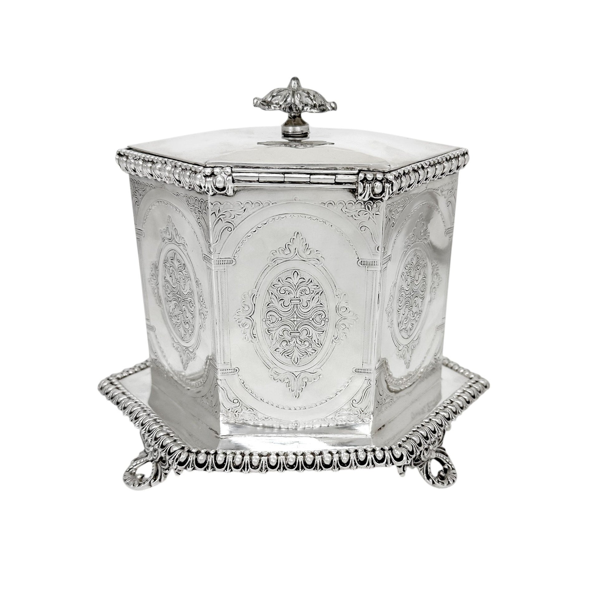 Victorian Neoclassical 6-sided silver-plated biscuit barrel on cast feet with egg-and-dart trim