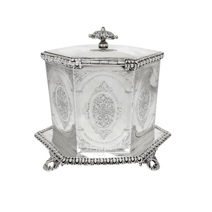 Victorian Neoclassical 6-sided silver-plated biscuit barrel on cast feet with egg-and-dart trim