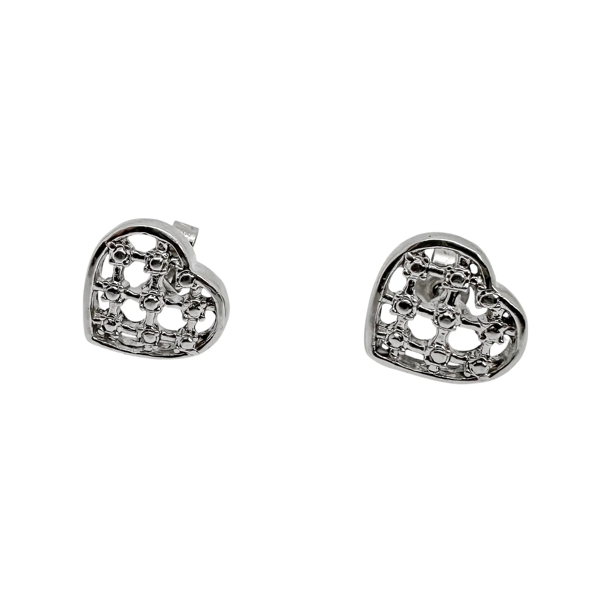 Vintage 9ct white gold openwork heart stud earrings with beaded design