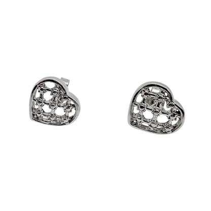 Vintage 9ct white gold openwork heart stud earrings with beaded design