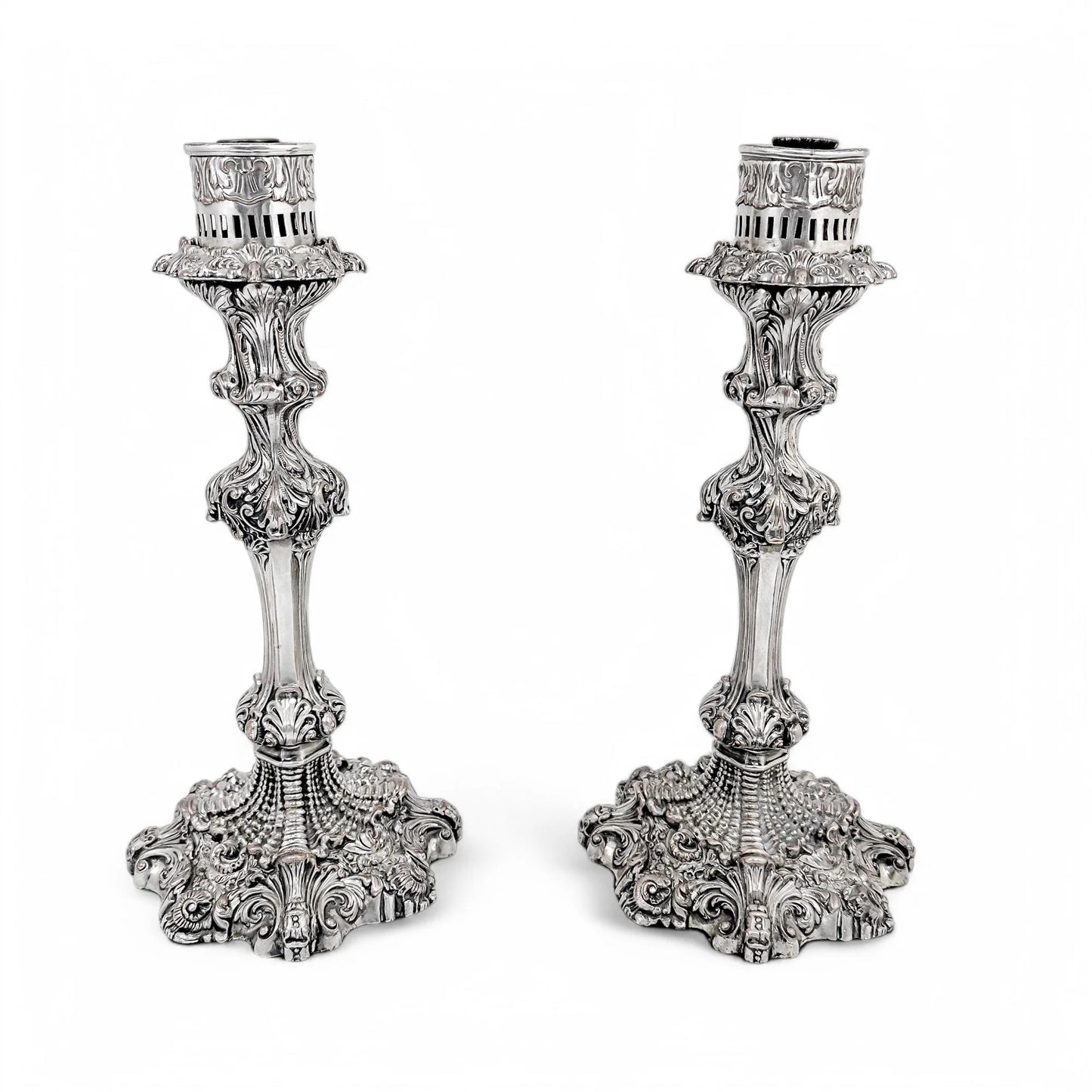 1790's Old Sheffield plate tall candlesticks with hurricane glass shades