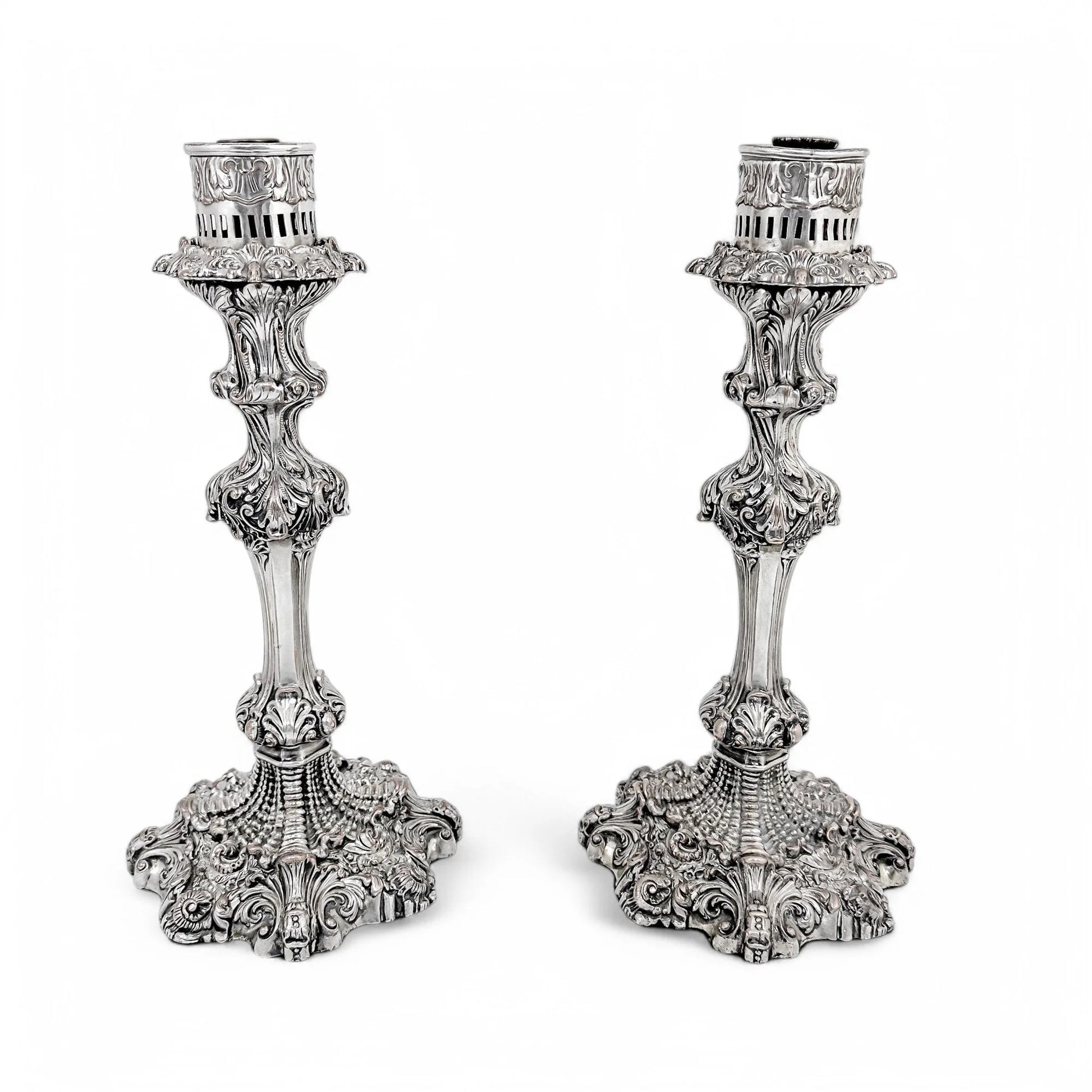 1790's Old Sheffield plate tall candlesticks with hurricane glass shades